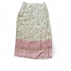 Vintage Pink and Green Floral Lightweight Midi Skirt, Women's Size L